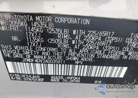 2010 Toyota Rav4 Limited z USA, uszkodzony, nr VIN JTMDF4DV2AD035811